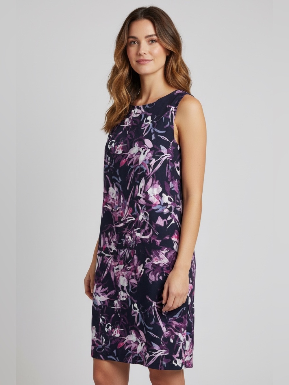 Adrienne Vittadini Navy Shift Dress with Purple and Pink Floral Print